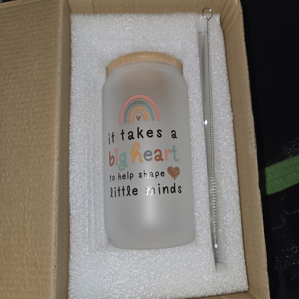 Frosted Glass Tumbler with Straw and Heart Design